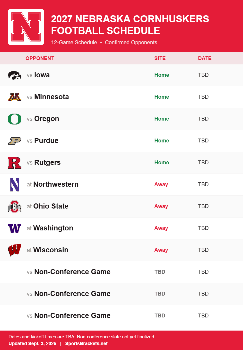 Nebraska printable 2027 football schedule with confirmed opponents