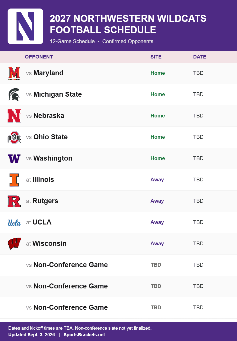 Northwestern printable 2027 football schedule with confirmed opponents