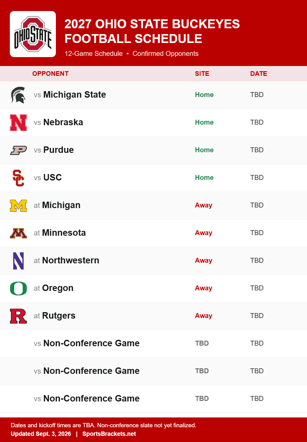 Ohio State printable 2027 football schedule with confirmed opponents