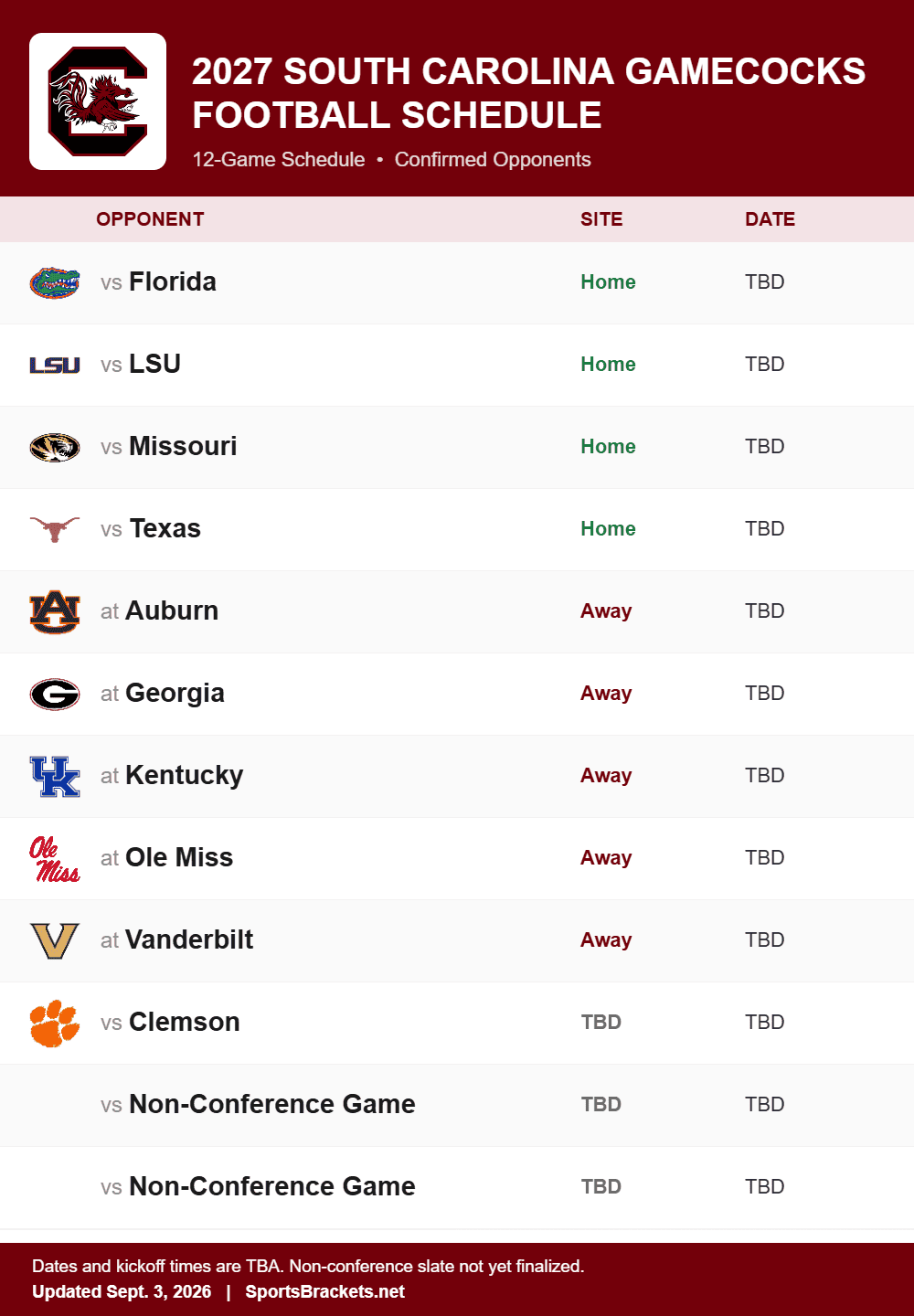 South Carolina future football schedule 2027 printable with confirmed opponents