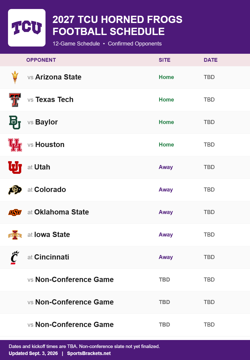 TCU printable 2027 football schedule with confirmed opponents