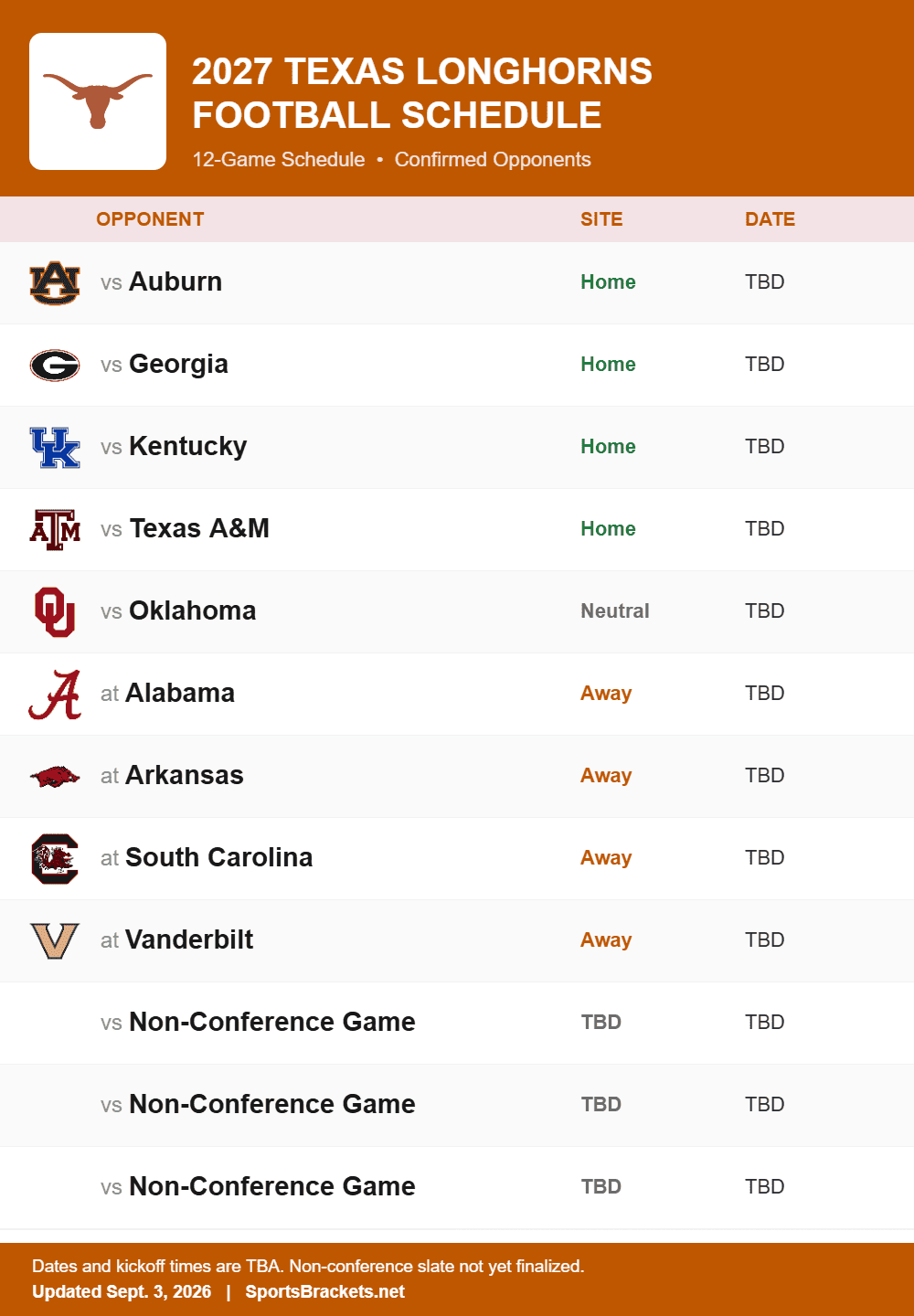 Texas future football schedule 2027 printable with confirmed opponents