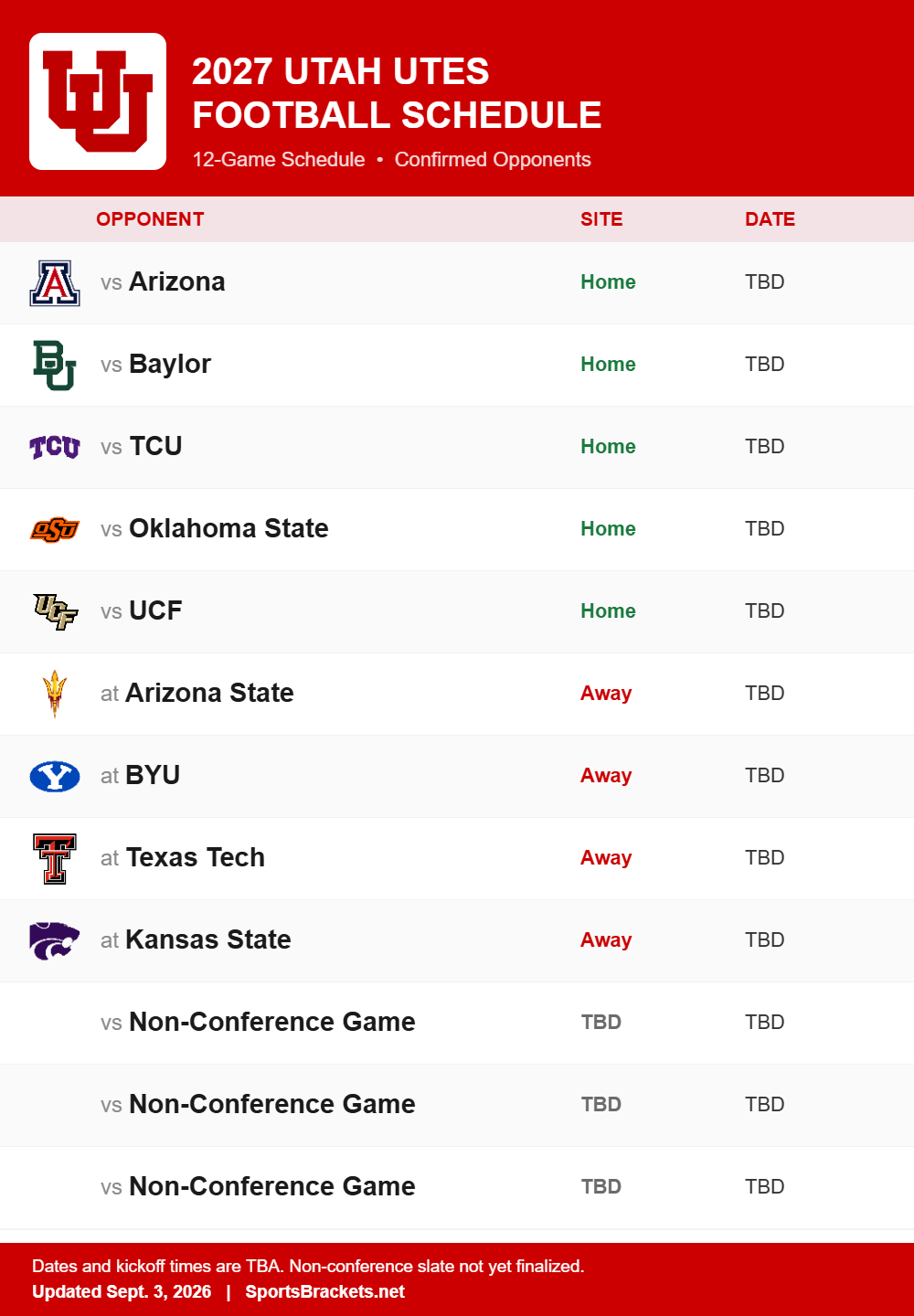 Utah printable 2027 football schedule with confirmed opponents