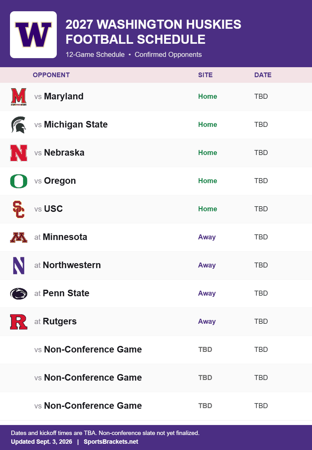Washington printable 2027 football schedule with confirmed opponents