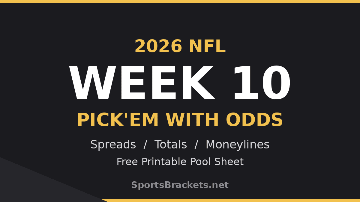 2026 NFL Week 10 pick'em with odds: spreads, totals and printable sheet